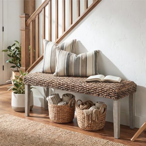 Solid Acacia Wood Bench with Natural Woven Water Hyacinth Seat - Image 4
