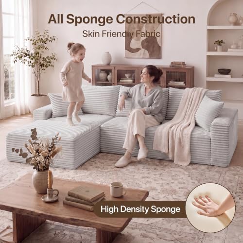 Claiks 94" Boneless Couch, L-Shape Corduroy Modular Sectional Sofa Deep Seat - Image 6