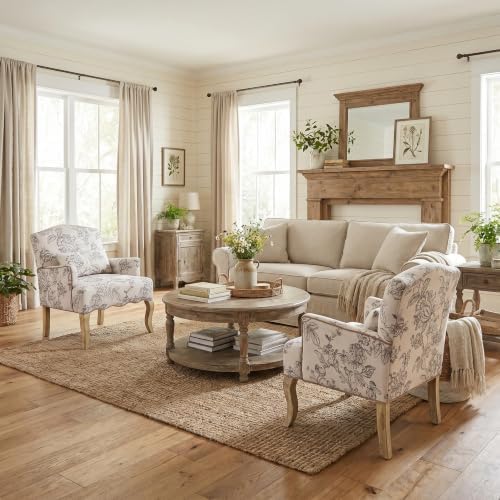 Shunzhi Floral Accent Chairs Set of 2 Farmhouse Upholstered Armchair Linen - Image 3