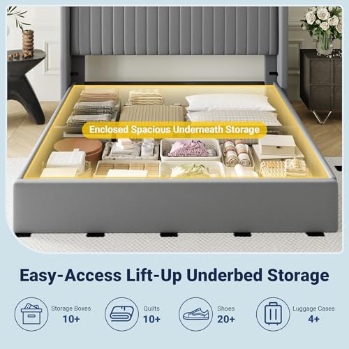 Allewie Queen Size Lift Up Storage Bed Frame Channel Tufted Headboard Grey - Image 4