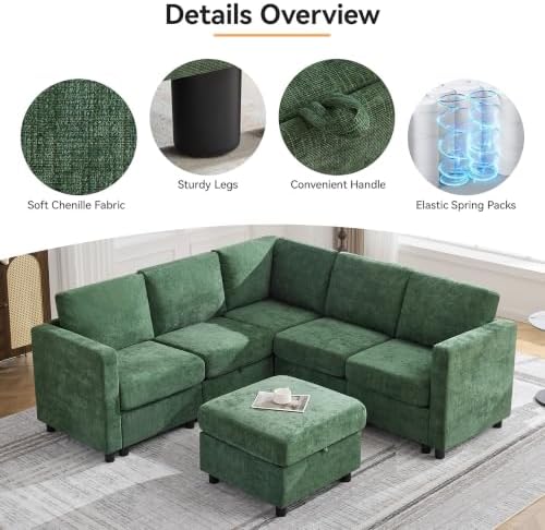 81'' V Shaped Modular Sofa, Storage Sectional Living Room Couch, Dark Green - Image 4