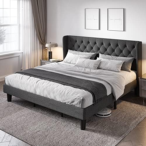 Allewie King Bed Frame with Button Tufted Wingback Headboard, Dark Grey by Allewie