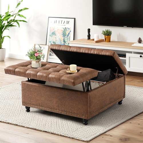 36" Large Square Ottoman with Storage, Tufted Upholstered Storage Ottoman with - Image 5