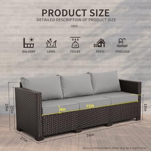 WAROOM Patio Couch PE Rattan 3-Seat Outdoor Sofa Brown Wicker Furniture Set - Image 3