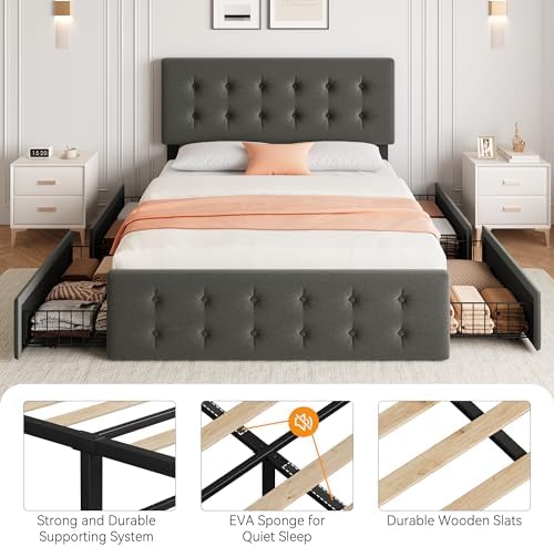 IDEALHOUSE Full Bed Frame with 4 Storage Drawers and Headboard, Light Grey - Image 7