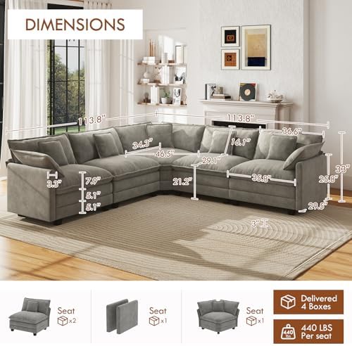WorthFurni 114" Oversized Modular Sectional Sofa, 5-Seater V Shaped Cloud Couch - Image 2