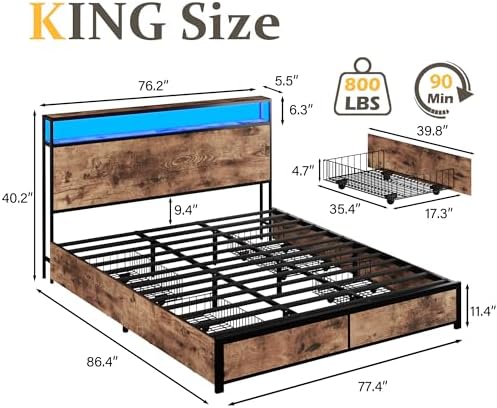 Lifezone King Bed Frame with 2-Tier Storage Headboard, Metal Platform Bed Frame - Image 2