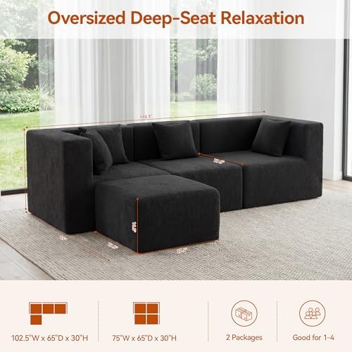 MONVANE 103" L-Shaped Modular Sectional Sofa, Jet Black - Image 3