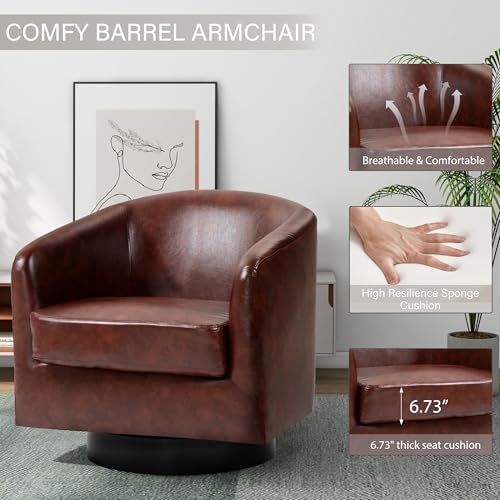 Pia Ricco Set of 4 Oversized Faux Leather 360° Swivel Barrel Accent Chair Red - Image 3
