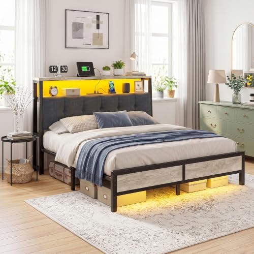 Homkdom Queen Bed Frame with Upholstered Headboard & Charging Station - Image 2