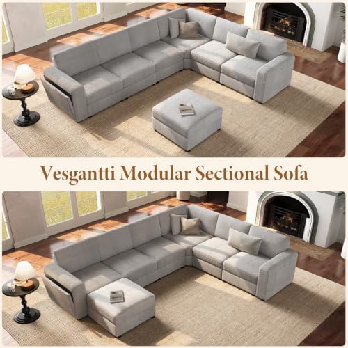 Vesgantti Modular 6-Seater Chenille L Shaped Sectional Sofa, Light Grey - Image 7