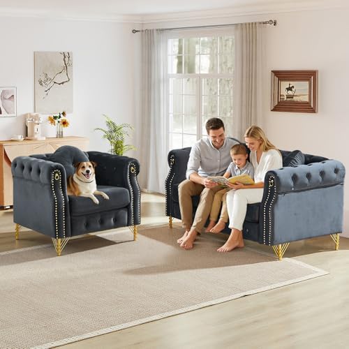 2 Pieces Mid Century Modern Chesterfield Sofa Set, Upholstered Button Tufted - Image 3