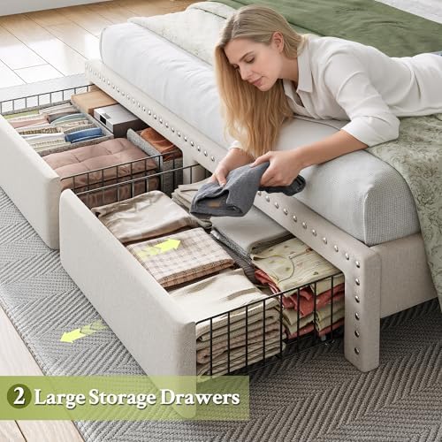 EnHomee Queen Bed Frame with 2 Drawers & 2-Tier Storage Headboard Shelf - Image 3