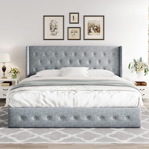 Allewie King Size Lift Up Storage Button-Tufted Bed Frame Blue Grey - Image 7