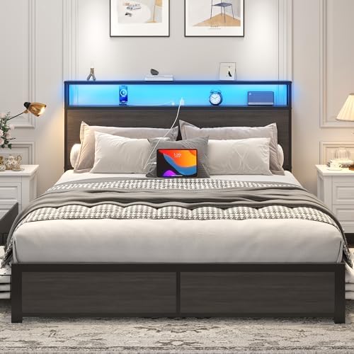 Lifezone Queen Bed Frame with 2-Tier Storage Headboard, Metal Platform Bed - Image 3