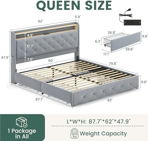 LARMACE Queen Bed Frame with 4 Storage Drawers, LED & Charging Station - Image 2