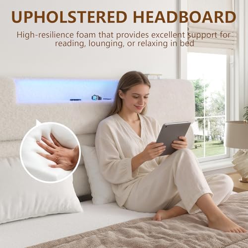 Full Bed Frame with Charging, LED Boucle Platform Bed - Image 4