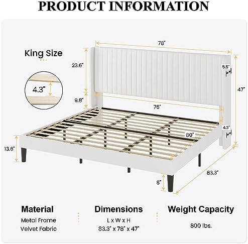 SHA CERLIN King Size Velvet Bed Frame, Tufted Wingback Headboard - Image 2