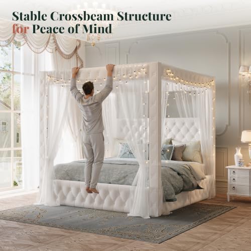 Jocisland King Canopy Bed Frame Velvet Upholstered Headboard - Image 6