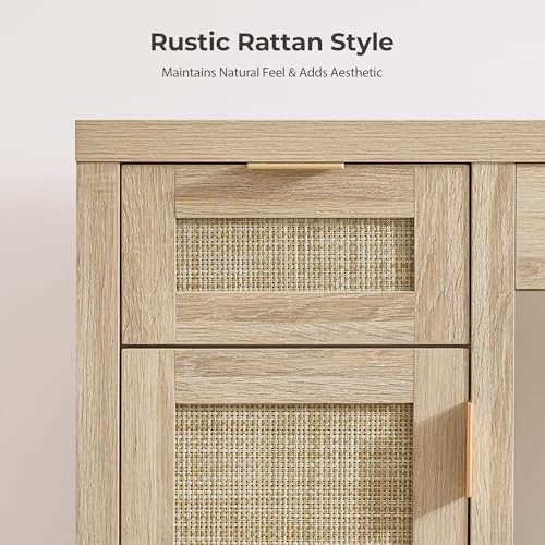 SICOTAS Rattan Vanity Table Wooden Vanity Desk - Image 5