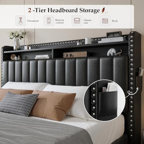 EnHomee Queen Bed Frame with 2 Drawers & 2-Tier Storage Headboard - Image 5