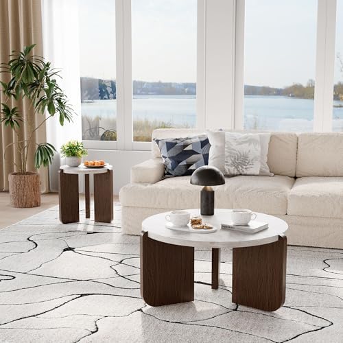 COSIEST Modern 2-Piece Faux Marble Round Coffee & Side Table Set - Image 3