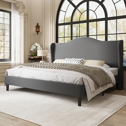 Allewie King Size Bed Frame, Plush Velvet Wingback, Modern Style - Image 3