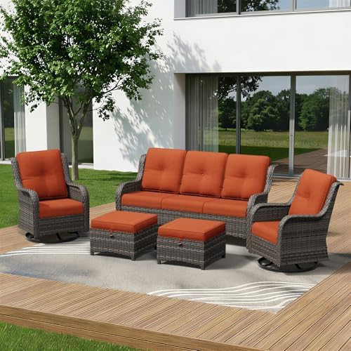 5 Piece Outdoor Wicker Patio Furniture Set, Outdoor Swivel Rocker Patio Chairs by Gardenbee