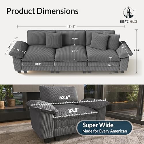 HERA'S HOUSE 124" Oversized Modular Sectional Straight Sofa, Corduroy Grey - Image 2