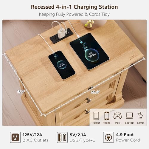 26" Tall Nightstand with Charging Station, 23.6"W Side Table w/Roman Column - Image 4