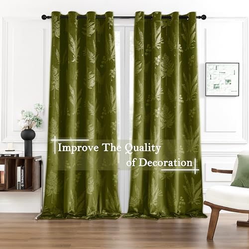 SMILETIME Green Leaf Pattern Velvet Curtains 52"x96" Grommet 2 Panels - Image 2