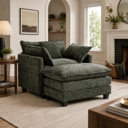 41" Oversized Chair with Ottoman, Chenille Reading Chair and a Half, Deep Seat by LUXSeatful