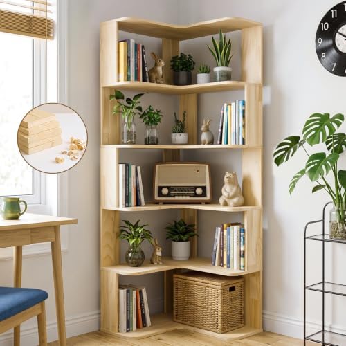 RUNSUNSPRI Tall Corner Bookshelf, 6-Tier Solid Wood L-Shaped Corner Shelf by RUNSUNSPRI