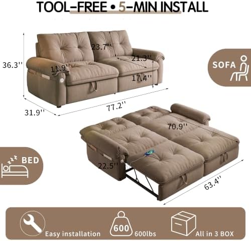 77.2" Sleeper Sofa Bed Full, Pre-Assembled Flannel Pull Out Sofa - Image 2