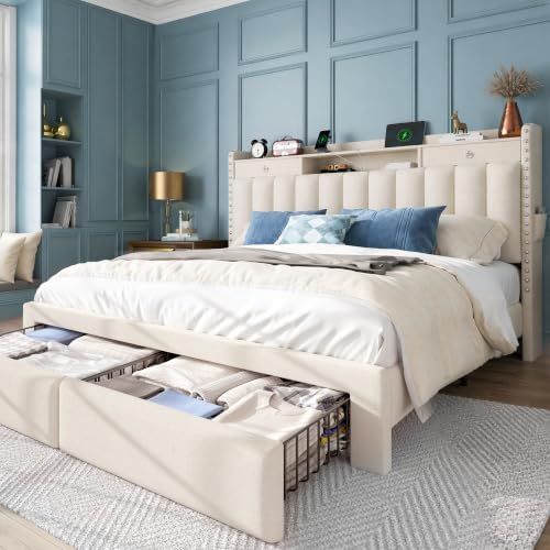 FreeHouse Queen Bed Frame with 2-Tier Storage Headboard & 4 Drawers by UnwindinYourOwnSpace