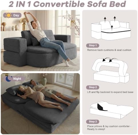75'' Folding Sofa Bed, Convertible Memory Foam Boneless Couch - Image 5