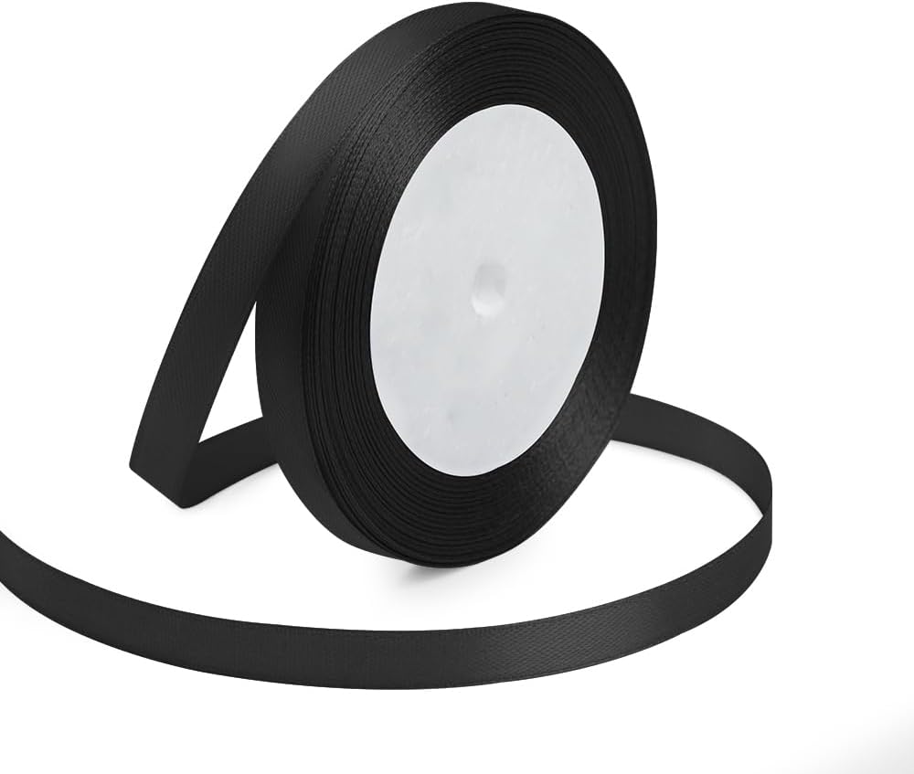 KMER LIFE 3/8 Inches x 25 Yards Black Satin Ribbon Solid Fabric Ribbons for Crafts, Wedding Decor, DIY Hair Accessories, Sewing, Gift Package Wrapping, Valentine's Day Bouquet and More