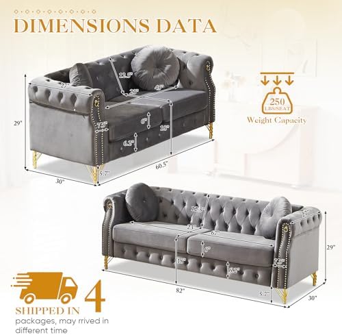 2 Pieces Mid Century Modern Chesterfield Sofa Set, Upholstered Button Tufted - Image 2