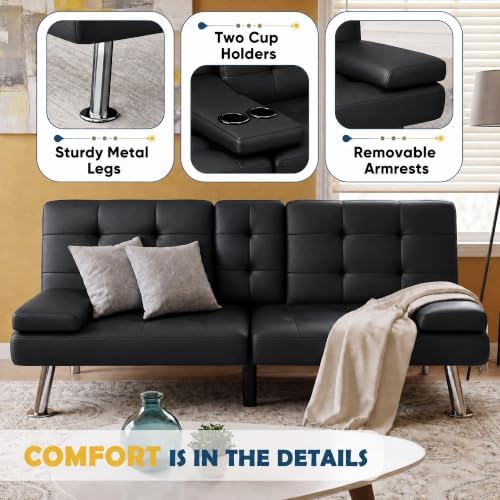 Furmax Faux Leather Futon Sofa Bed, Modern Convertible Couch - Image 4