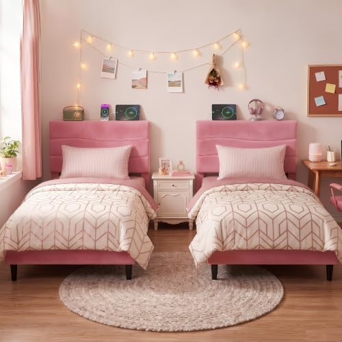 EnHomee Twin Bed Frames with Upholstered Headboard & Charging Station - Image 4