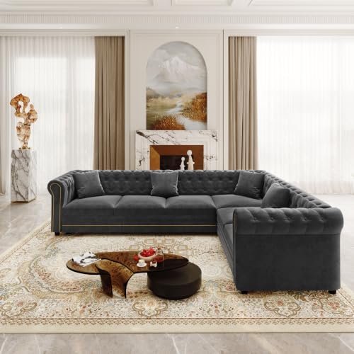 115.3" Velvet L-Shaped Pull-Out Chesterfield Sleeper Sofa Bed, Dark Grey‌ - Image 2