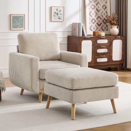 Accent Chair with Movable Ottoman, Reading Chair and Ottoman Set, Upholstered by YUUIJOAA