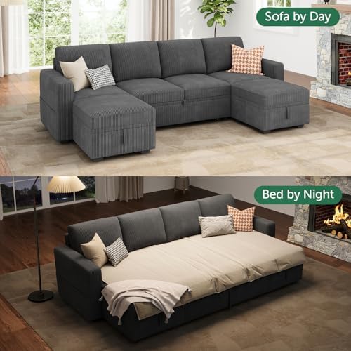HONBAY Modular Sectional Sleeper Sofa Bed, Corduroy Pull Out Couch - Image 3