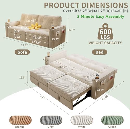 73.2'' Sleeper Sofa Full Size, Pre-Assembled Corduroy Futon - Image 2