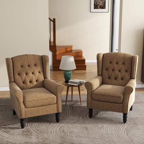High Back Accent Chairs Set of 2, Fabric Wingback Armchair by UIXE