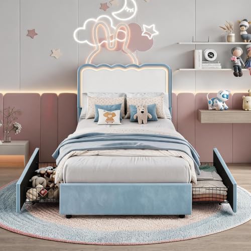 IDEALHOUSE Twin LED Bed, 2 Drawer Trundle, Light Blue Wave Headboard by IDEALHOUSE