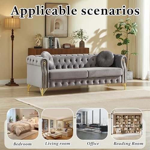 82" 3-Seater Grey Velvet Chesterfield Sofa - Image 6