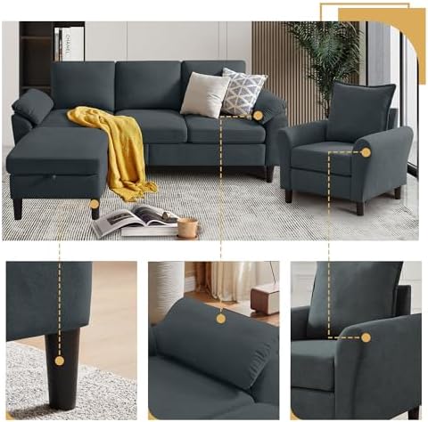 Convertible Sectional Sofa Set, Linen Upholstered 3 Seat Sofa and 35" Accent - Image 3