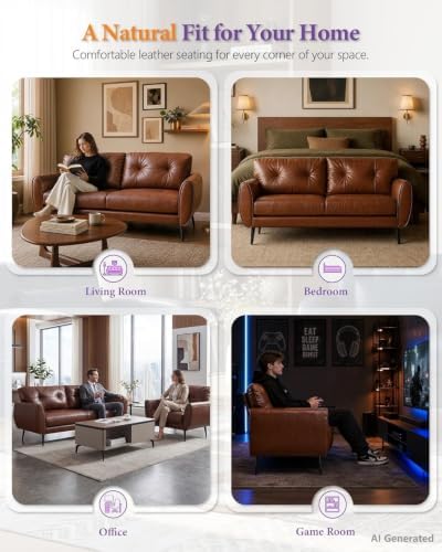 61'' Brown Faux Leather Loveseat, Small Tufted Couch - Image 3
