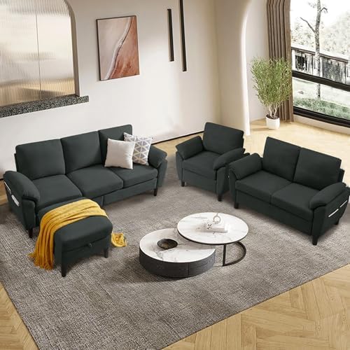 4 Piece Convertible Sectional Sofa Set, Modern Linen Small L Shaped Couch - Image 3